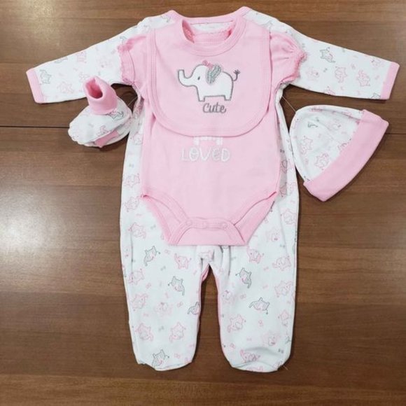 New Duck Duck Goose Girls 5-Piece Bring Home Baby Layette Pink & White Elephant - Picture 1 of 6